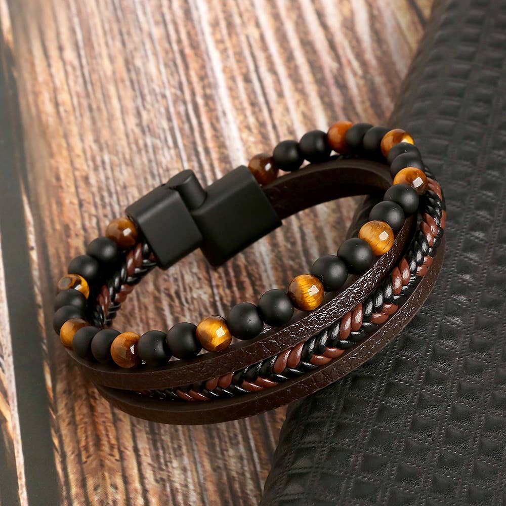 Bracelets en cuir pour hommes avec pierres précieuses - 8 pièces